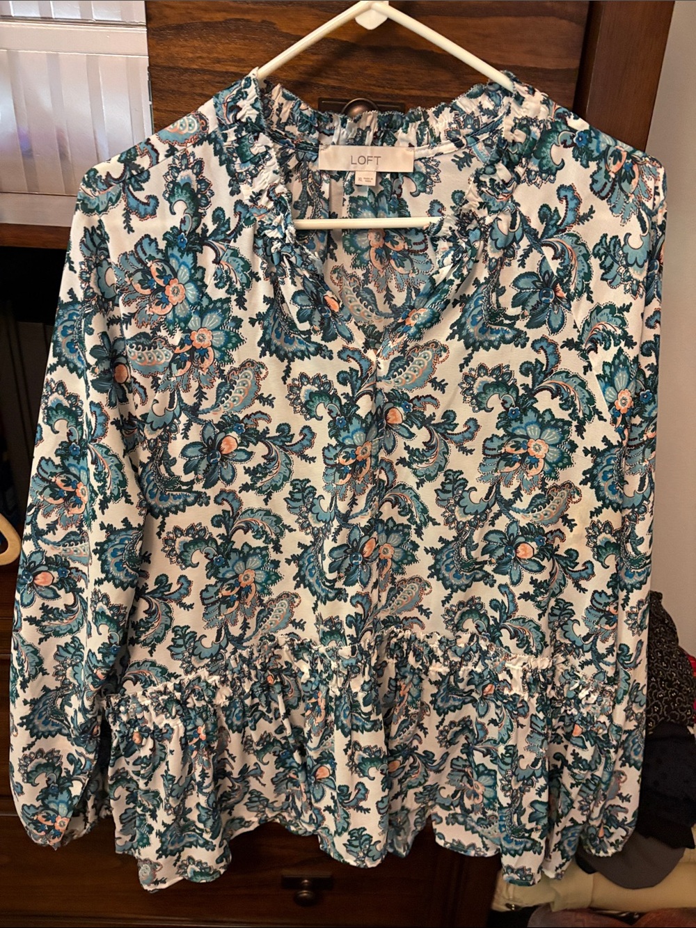 LOFT Teal and White Paisley Peplum Blouse